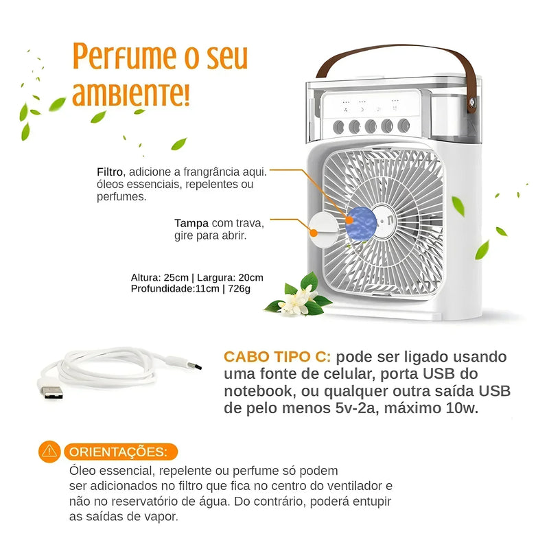 Mini Ar condicionado, Umidificador e Ventilador Portátil 3 em 1